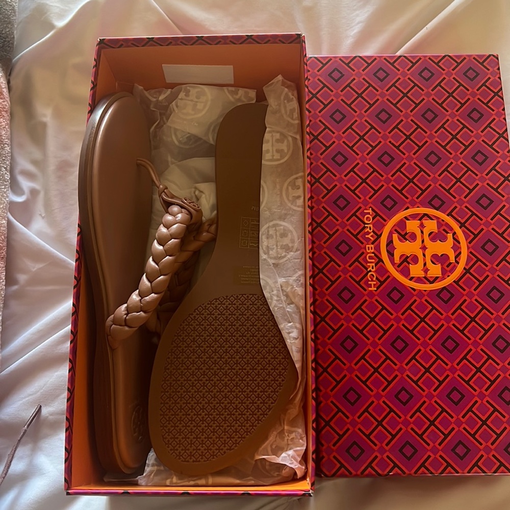 Brand new in box tory Burch braided Benton thong sandal. Color is mallow (mauve)